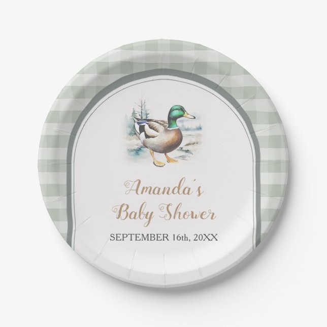 Sweet Little Duckling Mallard Gingham Baby Shower Paper Plate (Front)
