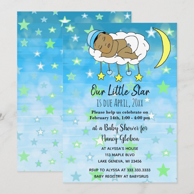 Sweet little ethnic Baby Blue stars and moons boys Invitation (Front/Back)