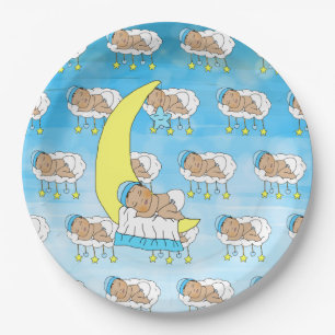 Sweet Little Ethnic Baby Sleeping on the Moon Paper Plate