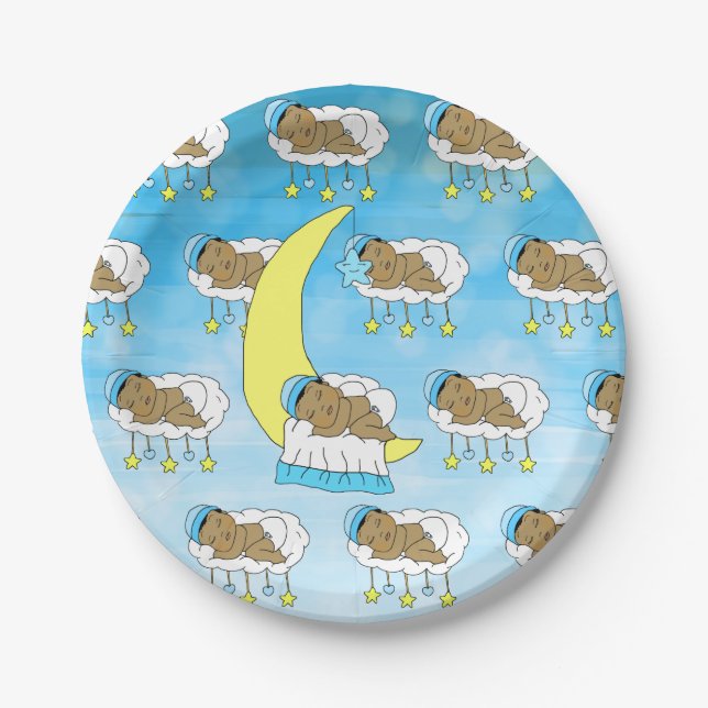 Sweet Little Ethnic Baby Sleeping on the Moon Paper Plate (Front)