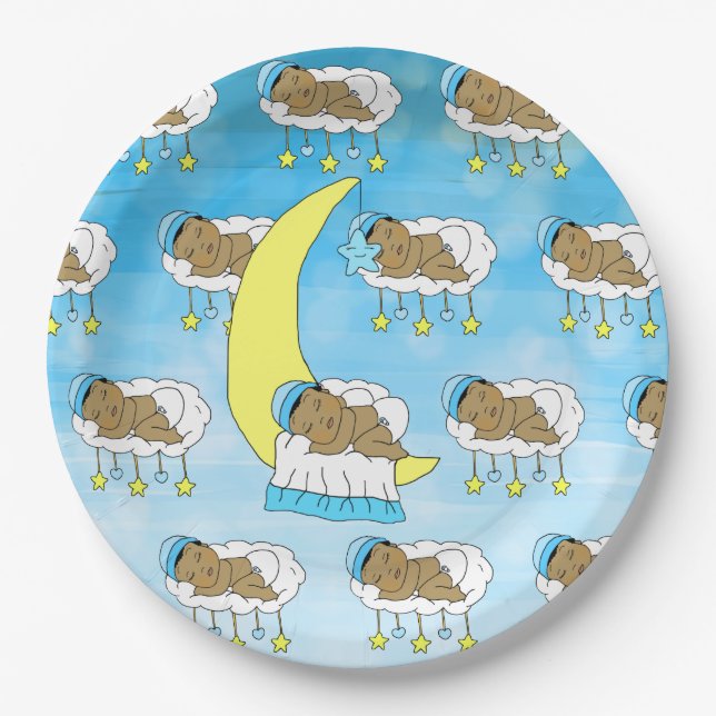 Sweet Little Ethnic Baby Sleeping on the Moon Paper Plate (Front)