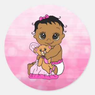 Sweet Little Ethnic Baby with Teddy Bear Pink Classic Round Sticker