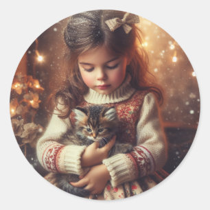 Sweet Little Girl and Kitten Christmas Classic Round Sticker