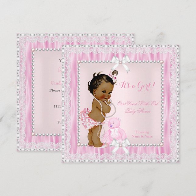 Sweet Little Girl Baby Shower Pearls Lace Ethnic Invitation (Front/Back)