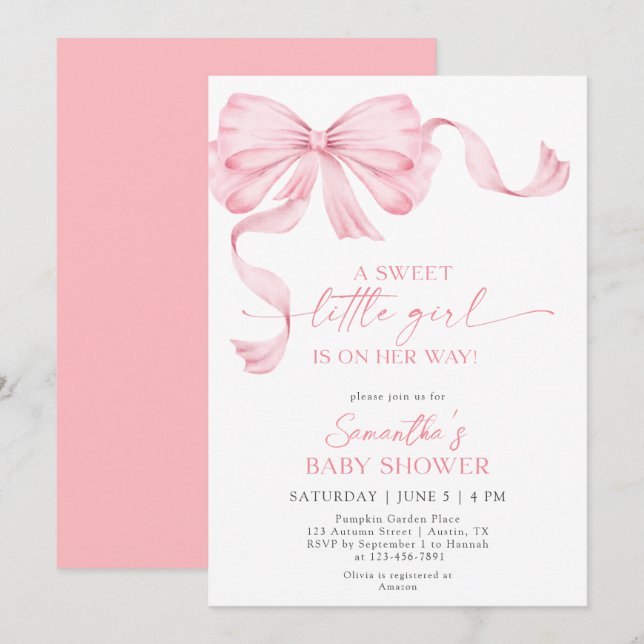 Sweet Little Girl Coquette Bow Ribbon Baby Shower Invitation (Front/Back)