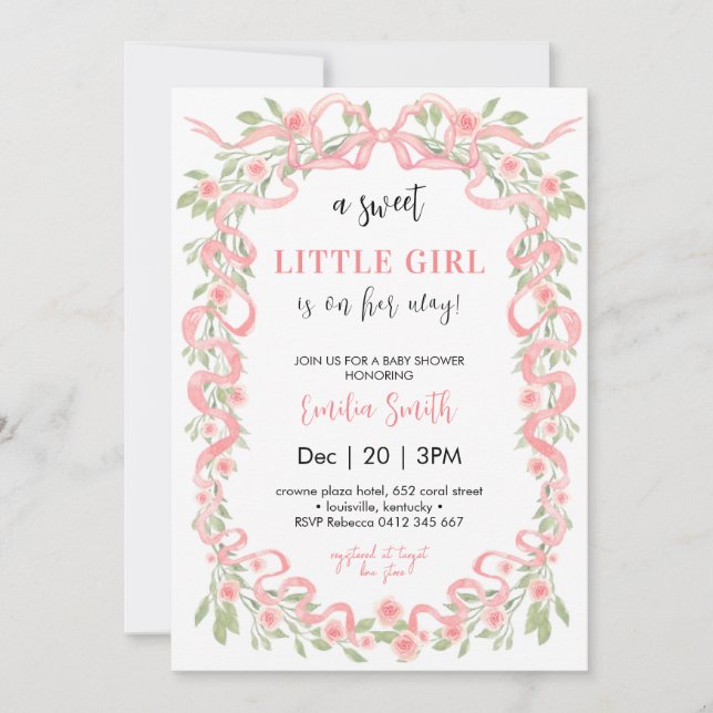 Sweet Little Girl Floral Ribbon Baby Shower  Invitation (Front)