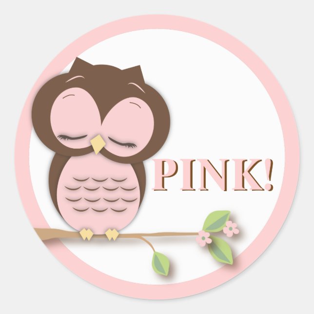 Sweet Little Girl Owl on a Branch Team PINK! Classic Round Sticker (Front)