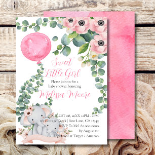 Sweet Little Girl Pink Balloon Eucalyptus Elephant Invitation