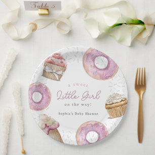 Sweet Little Girl Pink Cupcake & Doughnut Baby Sho Paper Plate