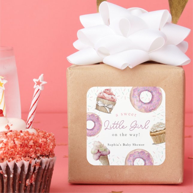 Sweet Little Girl Pink Cupcake & Doughnut Baby Sho Square Sticker (Party)