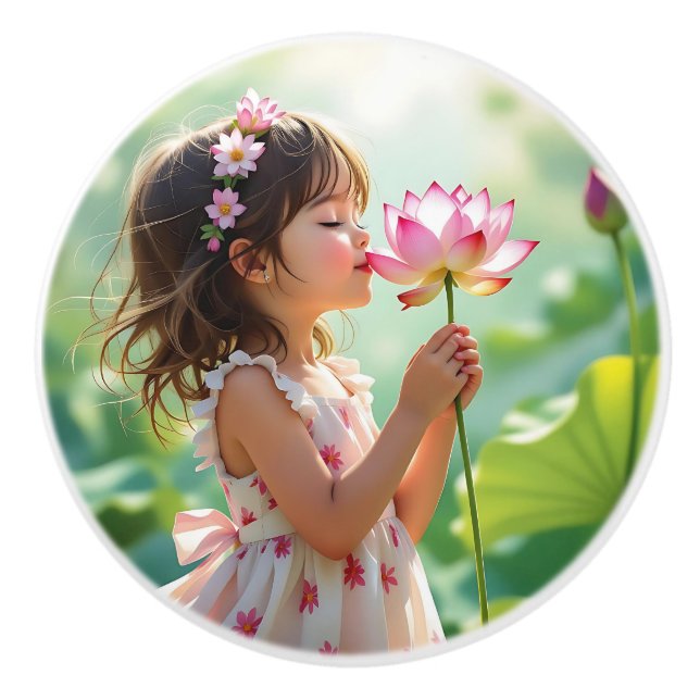 Sweet Little Girl Smelling a Flower Ceramic Knob (Front)