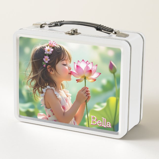 Sweet Little Girl Smelling a Flower Personalised Metal Lunch Box (Front)