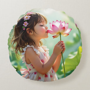 Sweet Little Girl Smelling a Flower Round Cushion