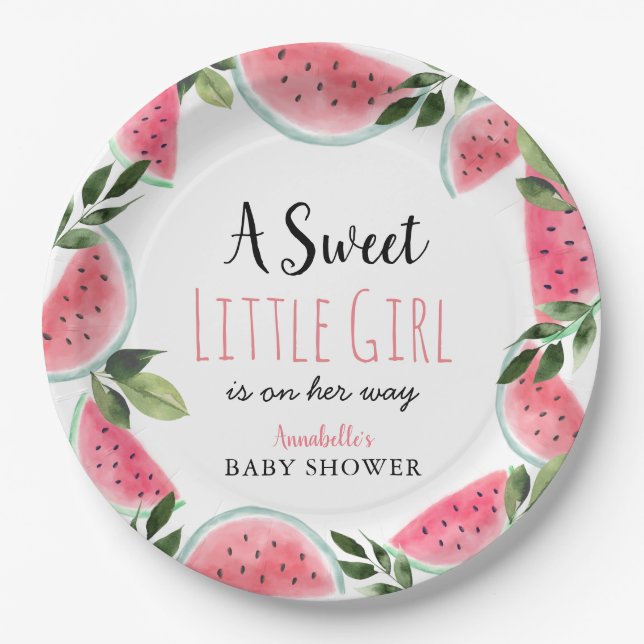 Sweet Little Girl Watermelon Baby Shower Paper Plate (Front)