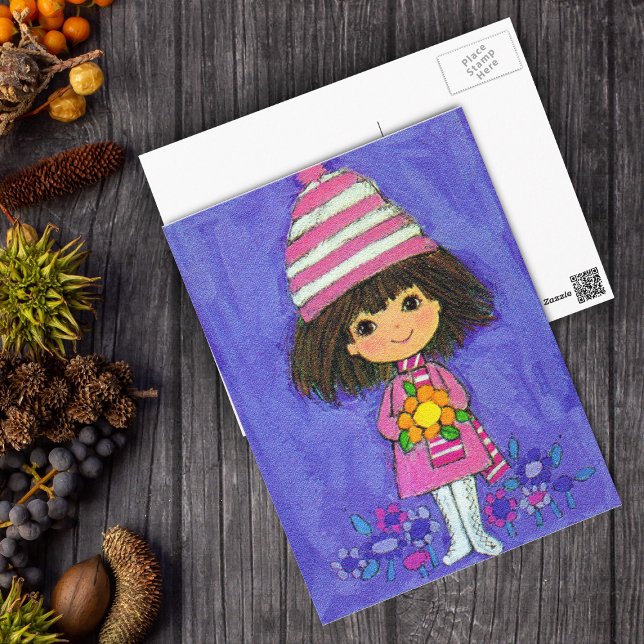 Sweet Little Girl With Daisy Postcard (Cute little vintage girl in pink white boots with flowers on purple postcard.)