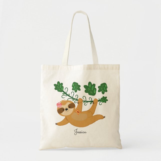 Sweet Little Girly Sloth Custom Name Tote Bag (Front)