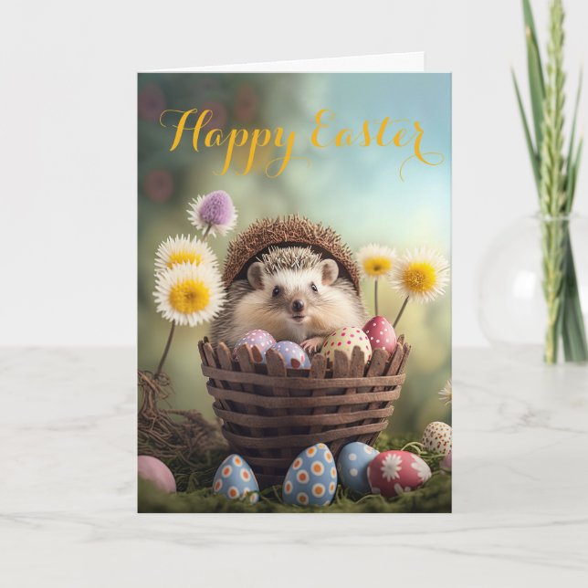 Sweet Little Hedgehog in an Easter Basket Holiday Card (Front)