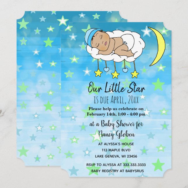 Sweet little HIspanic Baby Blue stars and moons Invitation (Front/Back)