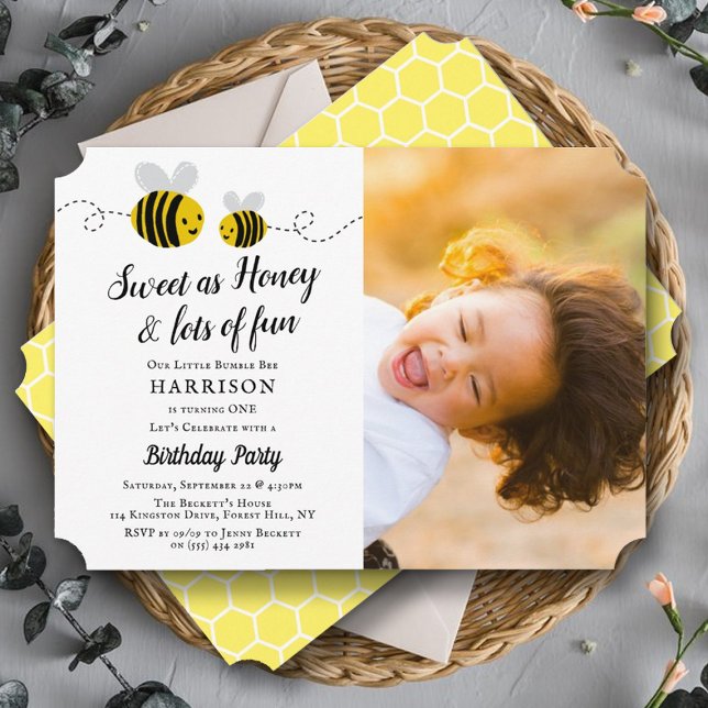 Sweet Little Honey Bee Photo 1st Birthday Invitation (Creator Uploaded)