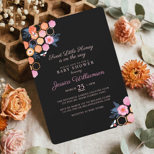 Sweet Little Honey On The Way | Black Floral Bee Invitation (Sweet Little Honey Mommy to Bee Baby Shower Invitation)