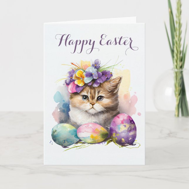 Sweet Little Kitty in Easter Basket Holiday Card (Front)