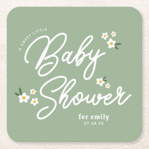 Sweet Little Lady Daisy Sage Green Baby Girl Square Paper Coaster