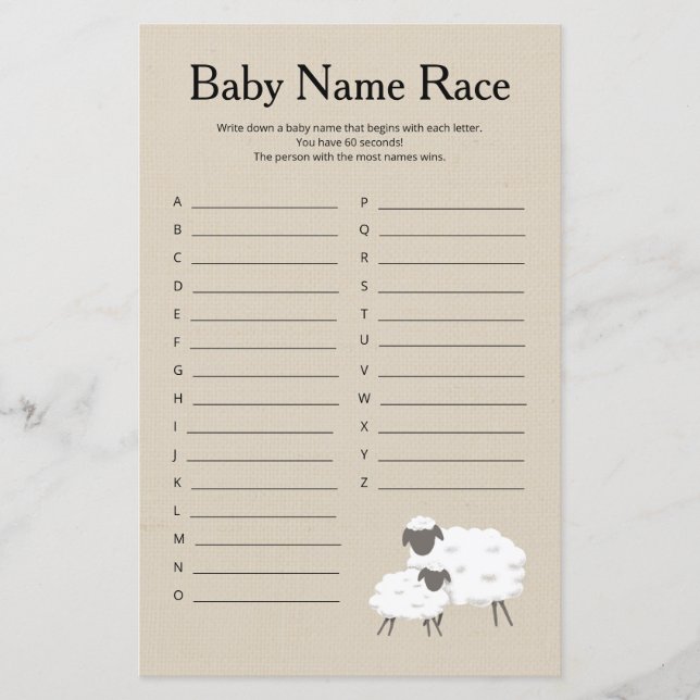 Sweet Little Lamb Baby Name Race Sbaby Shower Game (Front)