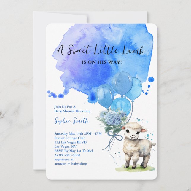 Sweet Little Lamb Baby Shower Blue Watercolor Invitation (Front)
