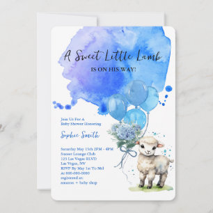Sweet Little Lamb Baby Shower Blue Watercolor Invitation