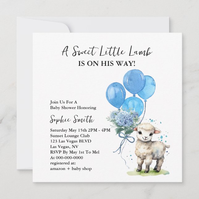 Sweet Little Lamb Baby Shower Watercolor Square Invitation (Front)