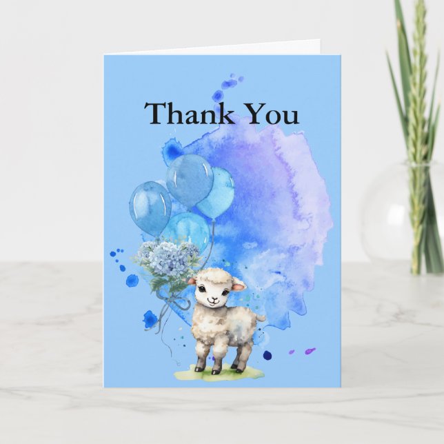 Sweet Little Lamb Blue Hydrangea Balloon Thank You Card (Front)