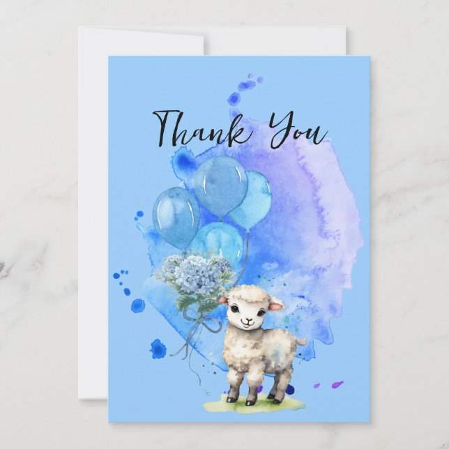 Sweet Little Lamb Blue Hyrangea Balloons Thank you Invitation (Front)