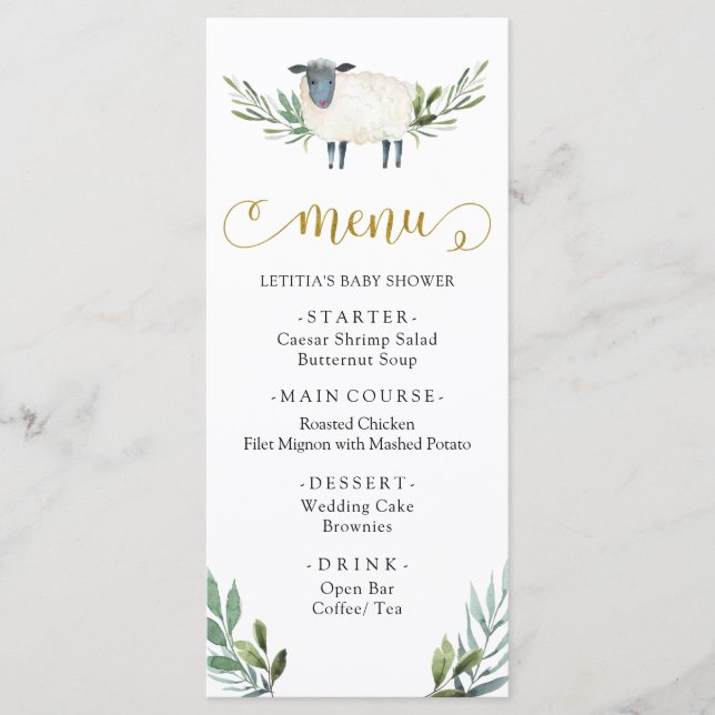 Sweet Little Lamb Greenery Baby Shower Menu (Front)