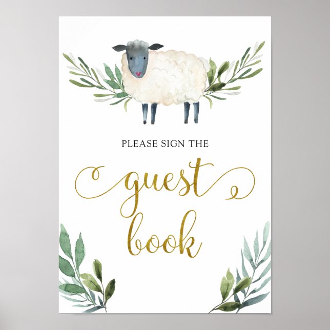 Sweet Little Lamb Greenery Guest Book Sign (Front)