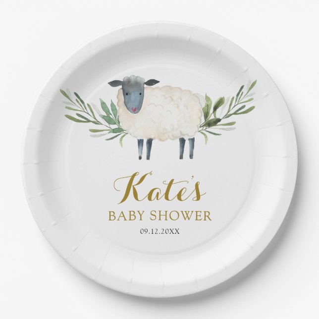 Sweet Little Lamb Greenery Paper Plate (Front)