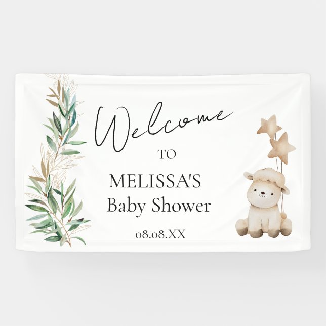 Sweet Little Lamb Greenery Welcome Sign Banner (Horizontal)