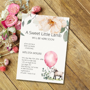 Sweet Little Lamb Pink Balloon Greenery Invitation