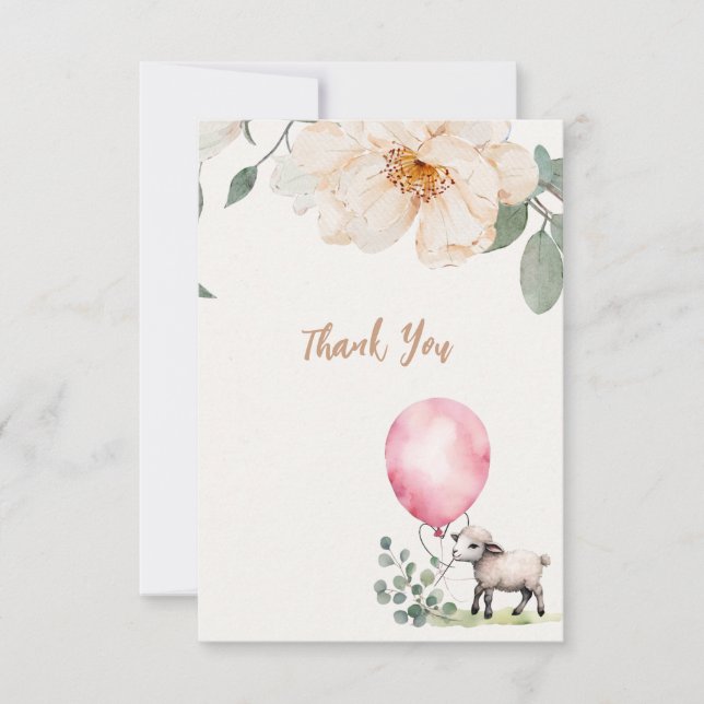 Sweet Little Lamb Pink Floral Baby Shower Thank You Card (Front)