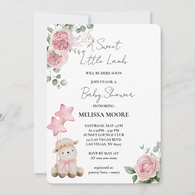Sweet Little Lamb Pink Flowers Invitation (Front)