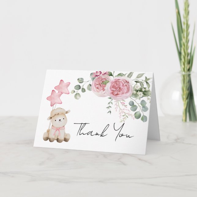 Sweet Little Lamb Pink Roses greenery photo Thank You Card (Front)