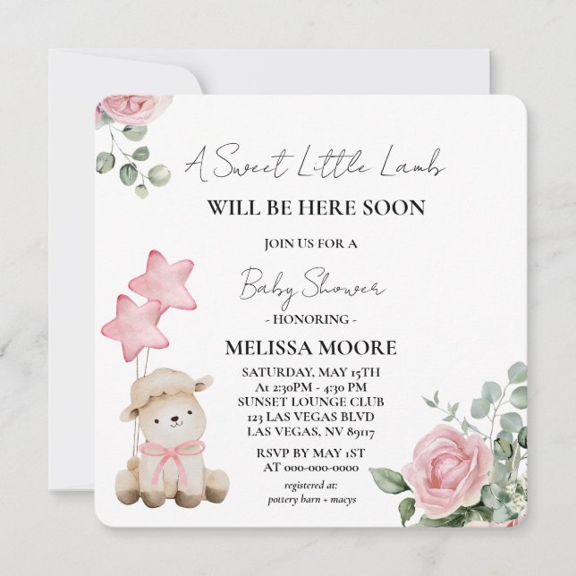 Sweet Little Lamb Pink Watercolor Flowers Invitation (Front)