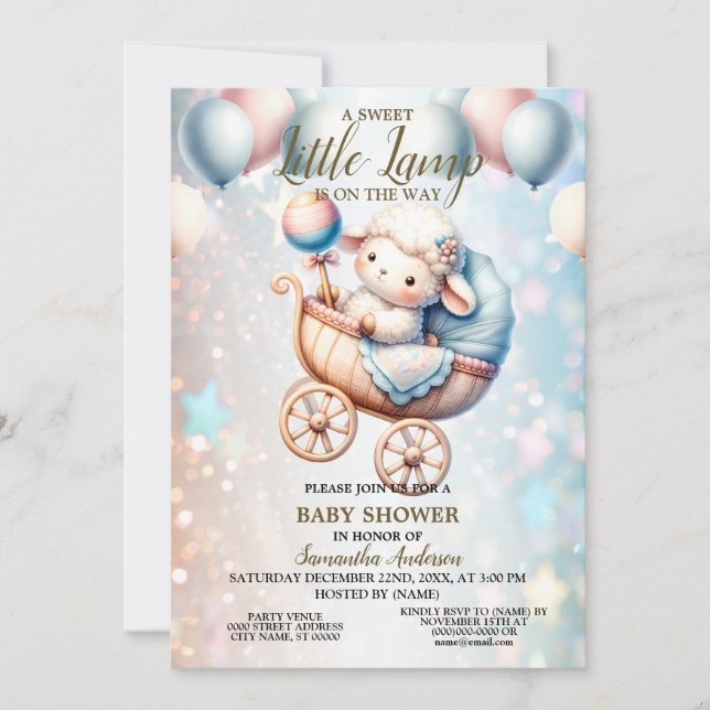 Sweet Little Lamp Baby Shower Balloons Beautiful Invitation (Front)