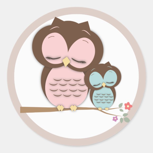 Sweet Little Mama & Baby Owl on a Branch Classic Round Sticker (Front)