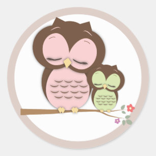 Sweet Little Mama & Baby Owl on a Branch Classic Round Sticker
