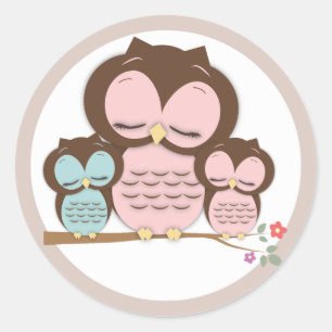 Sweet Little Mama & Twin Baby Owls on a Branch Classic Round Sticker