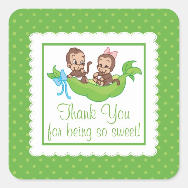 Sweet Little Monkey Twins Thank You Baby Shower Square Sticker (Front)
