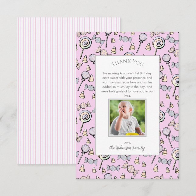 Sweet Little One Candy Theme 1st Birthday Thank You Card (Front/Back)