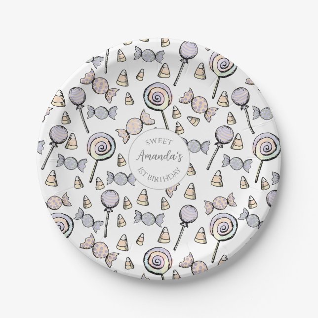 Sweet Little One Candy Theme First Birthday Paper Plate (Front)