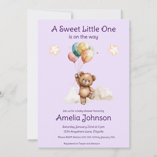 Sweet Little One on the Way Lavender Baby Shower Invitation (Front)