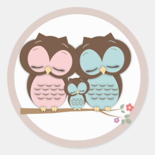 Sweet Little Owl Family on a Branch Classic Round Sticker